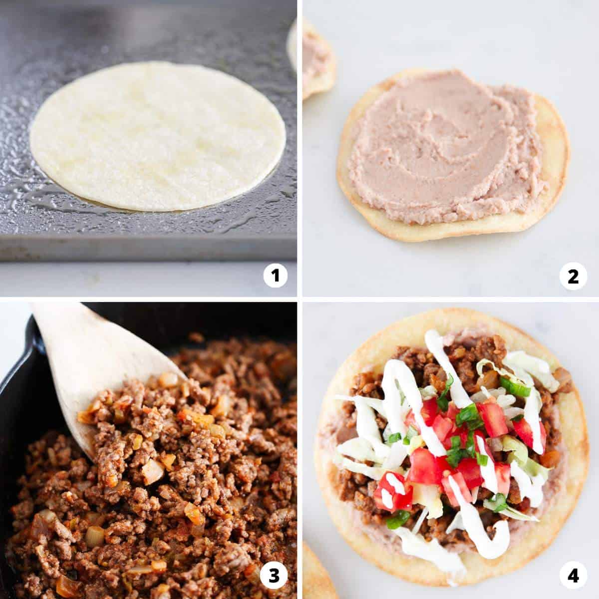 Showing how to make tostadas in a 4 step collage.