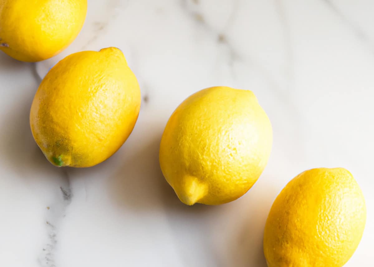 Lemons on a white marble countertop. 