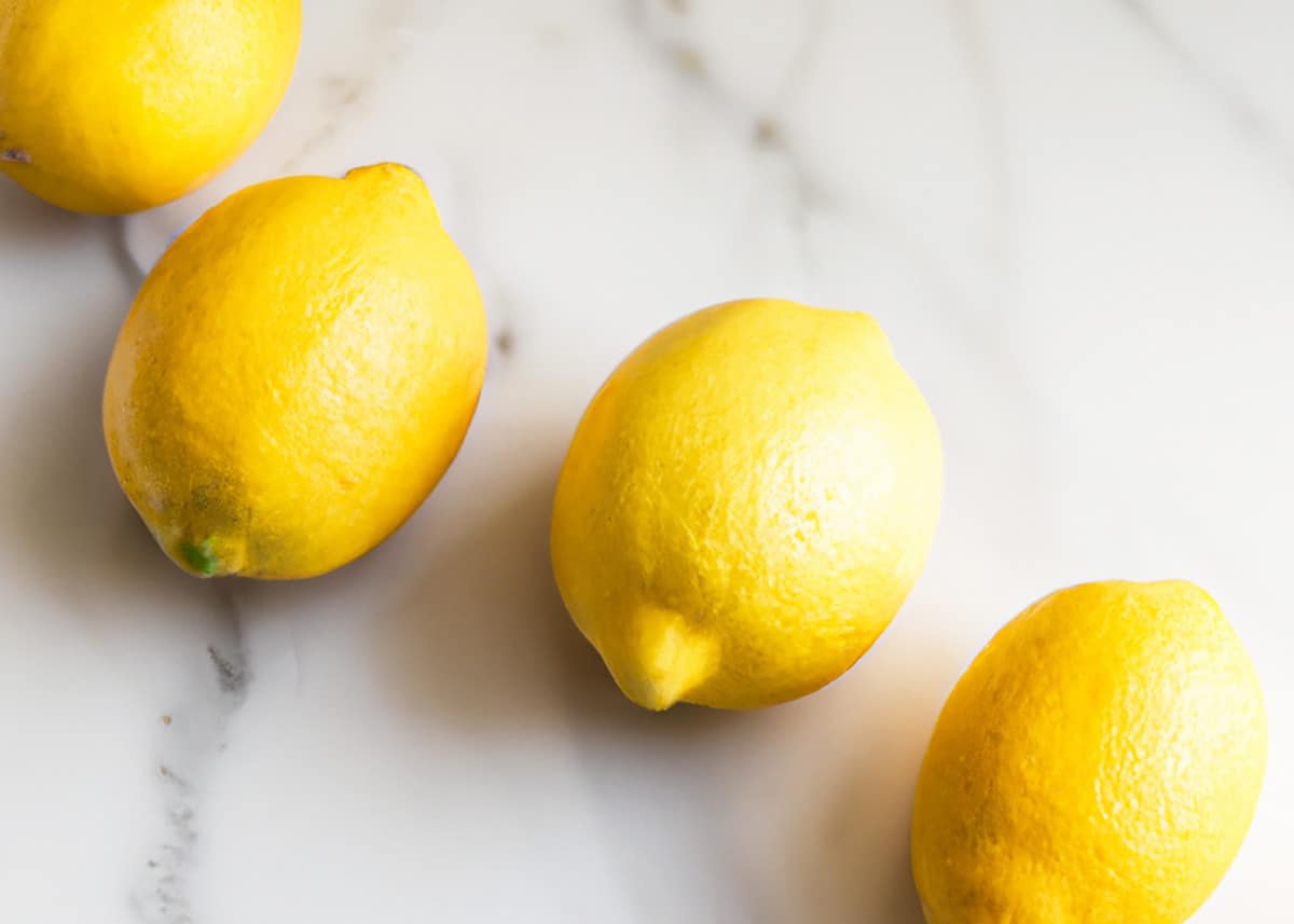 Lemons on a white marble countertop. 