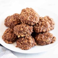 No bake cookies on a white plate.