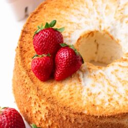 Angel food cake on a counter.