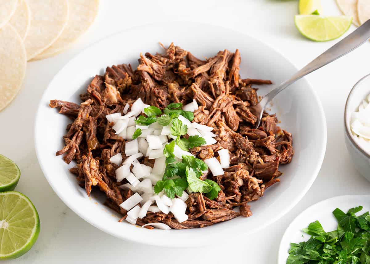 Beef birria in a white bowl.