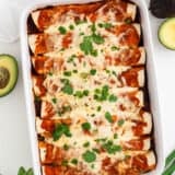 Beef enchiladas with cilantro on a white countertop.