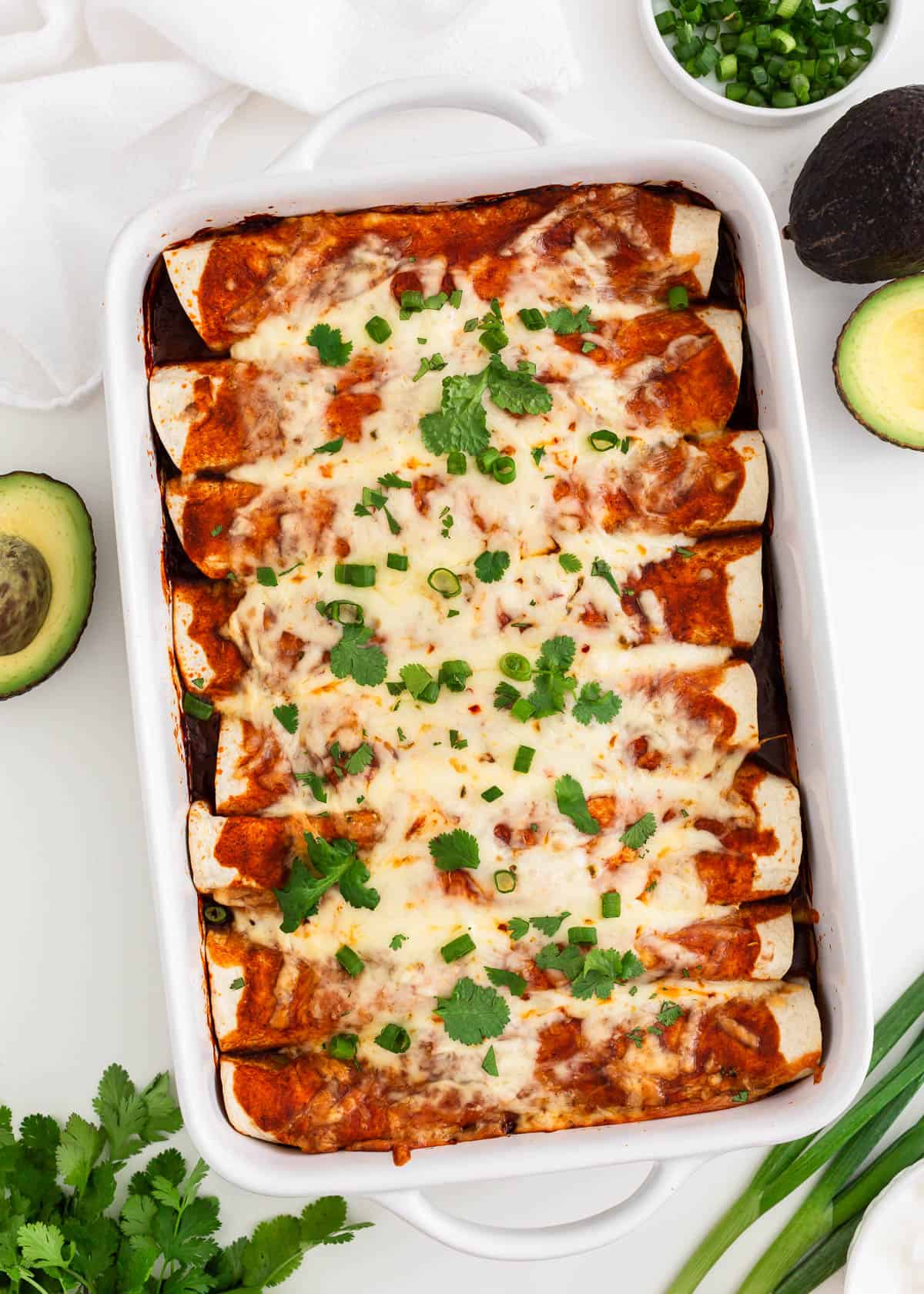 Beef enchiladas with cilantro on a white countertop.