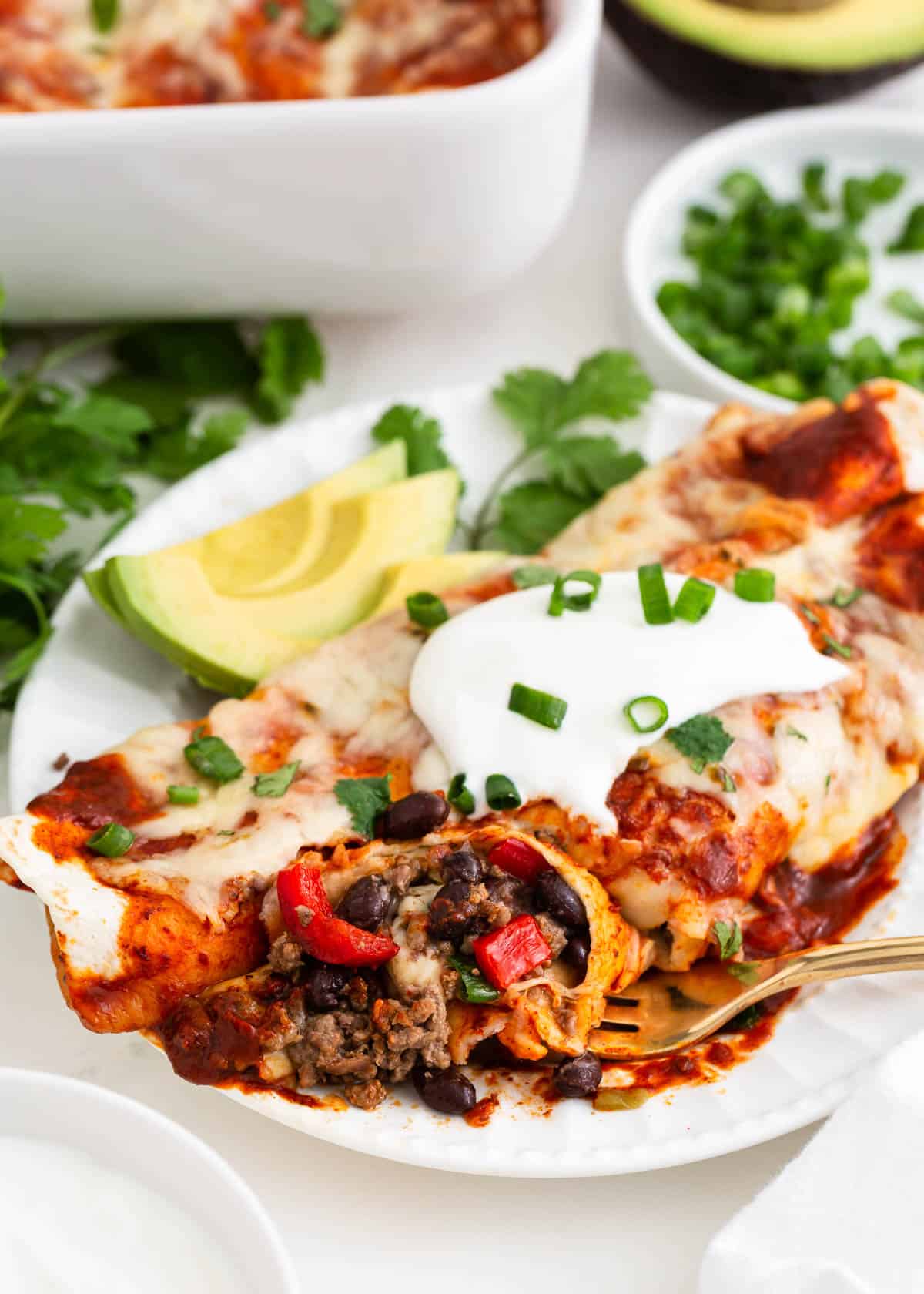 Beef enchiladas on a white plate.