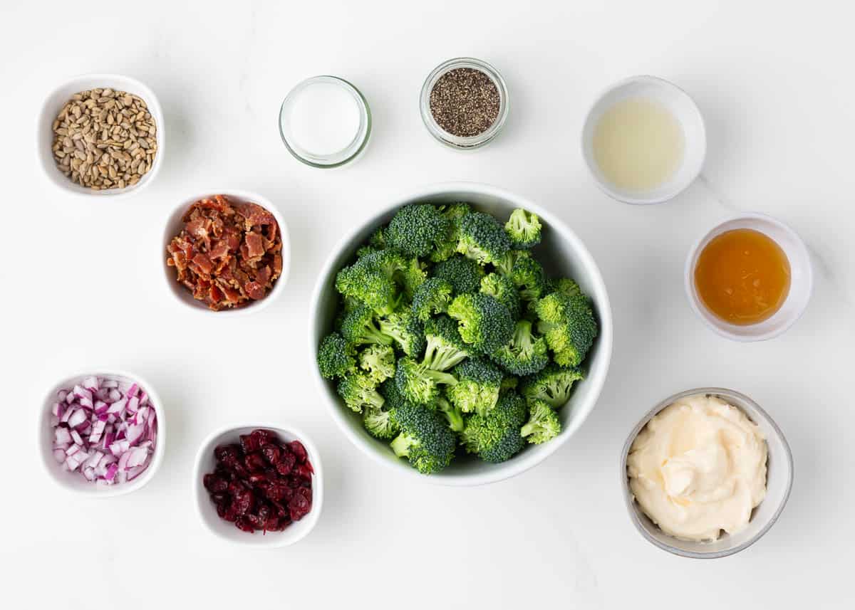 Broccoli salad ingredients on counter.