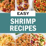 A collage of photos with easy shrimp recipes.