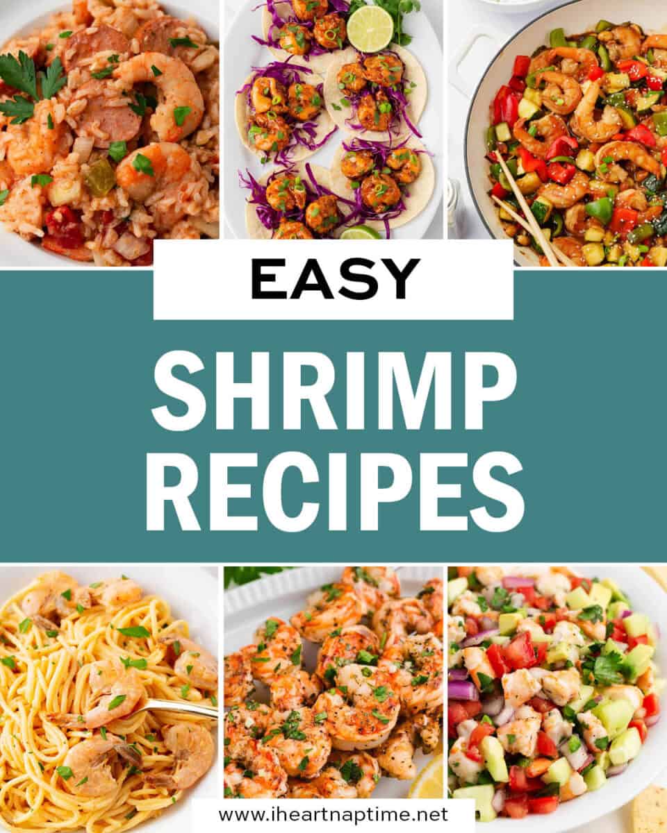 A collage of photos with easy shrimp recipes.