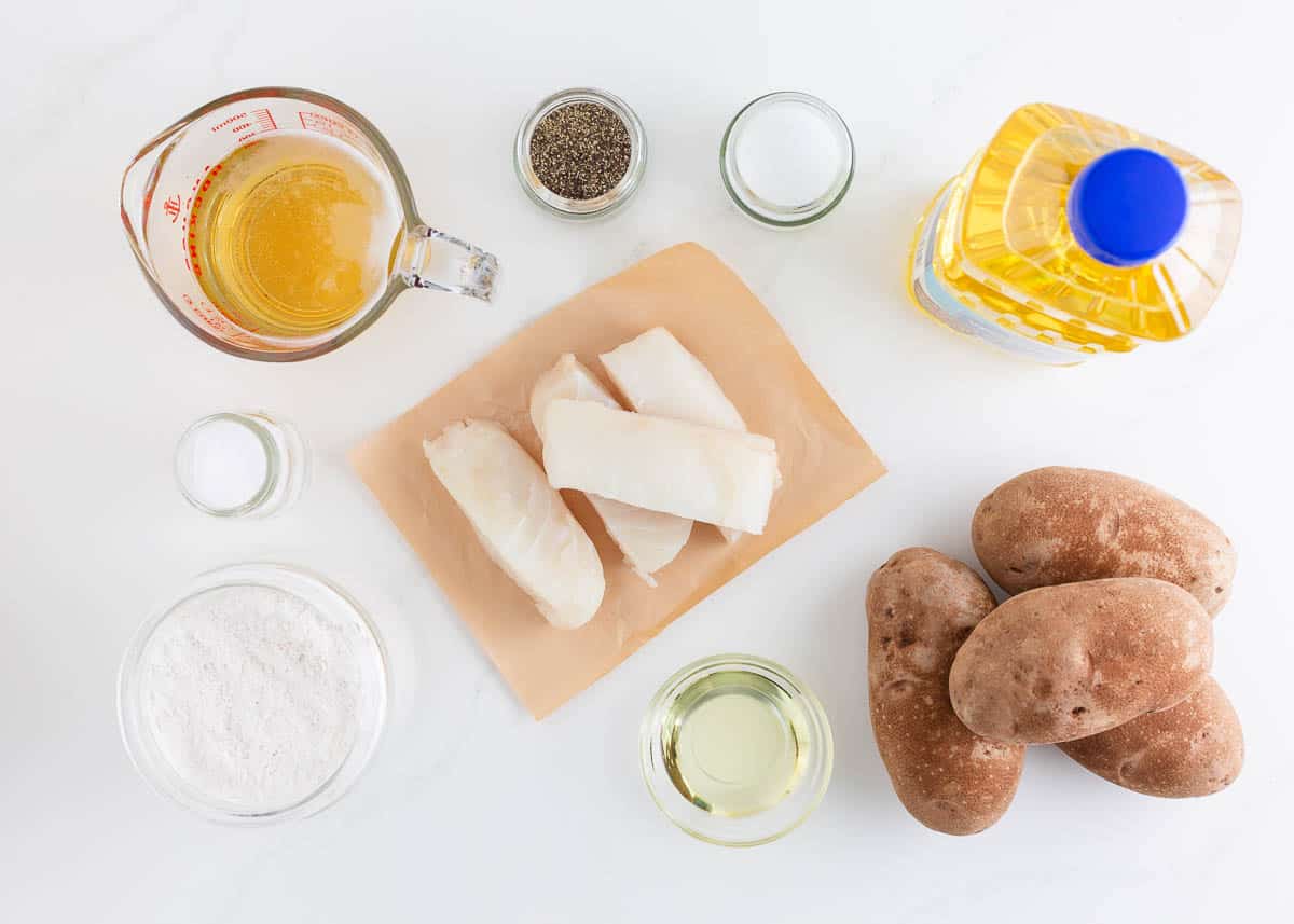 Fish and chip ingredients on the counter.