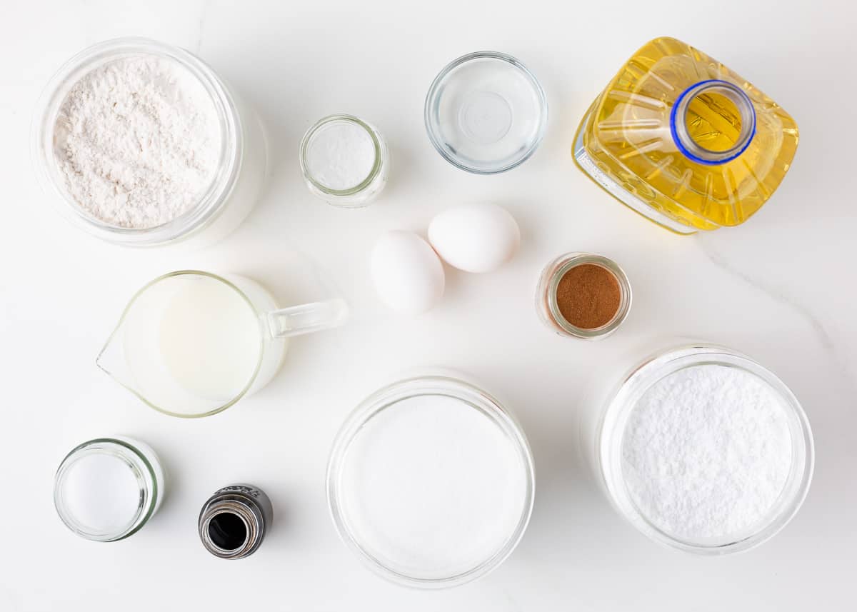 Funnel cake ingredients on counter.