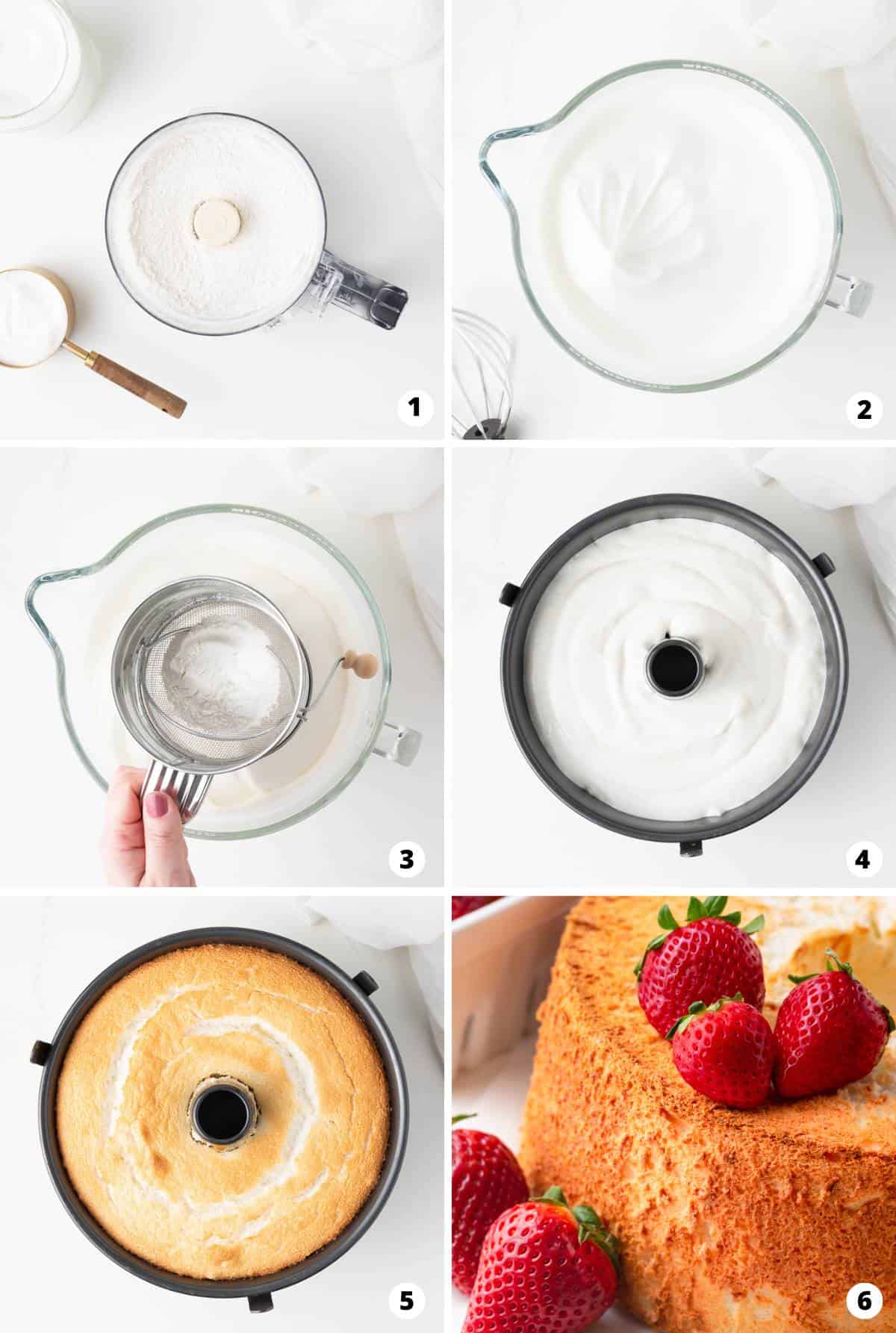 Showing how to make angel food cake in a 6 step collage. 