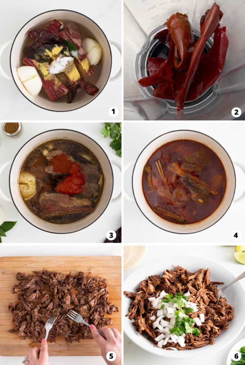 Showing how to make beef birria in a 6 step collage.