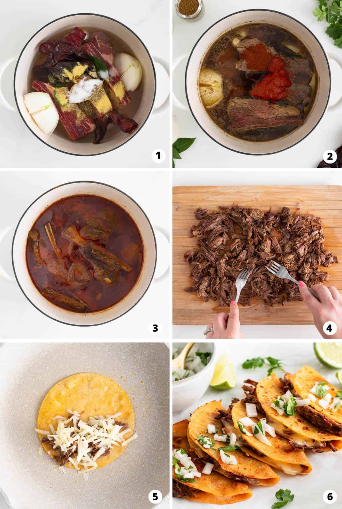 Showing how to make birria tacos in a 6 step collage.