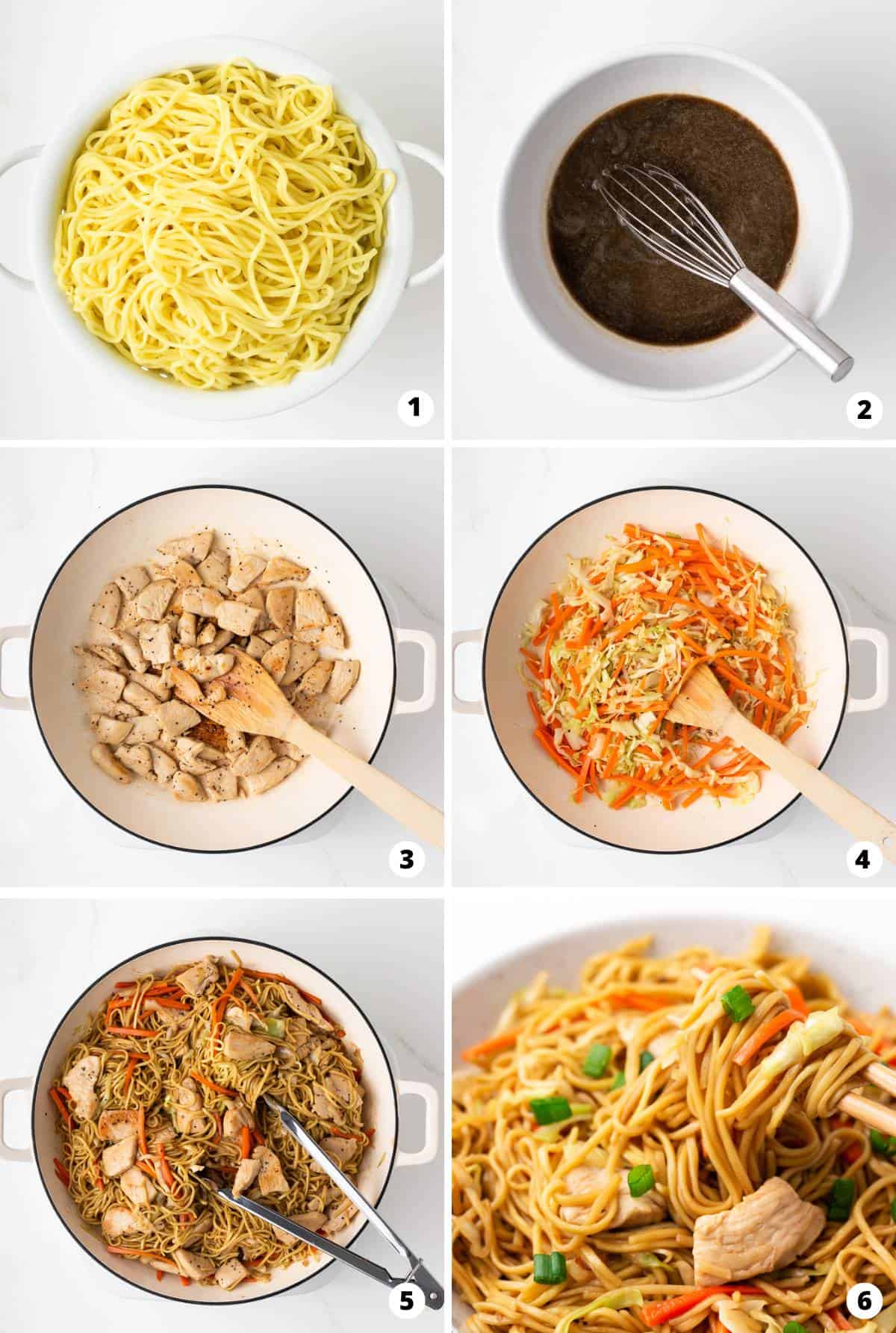 Showing how to make chicken chow mein in a 6 step collage. 