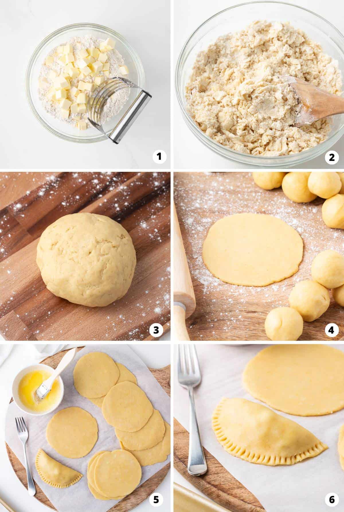 Showing how to make empanada dough in a 6 step collage.