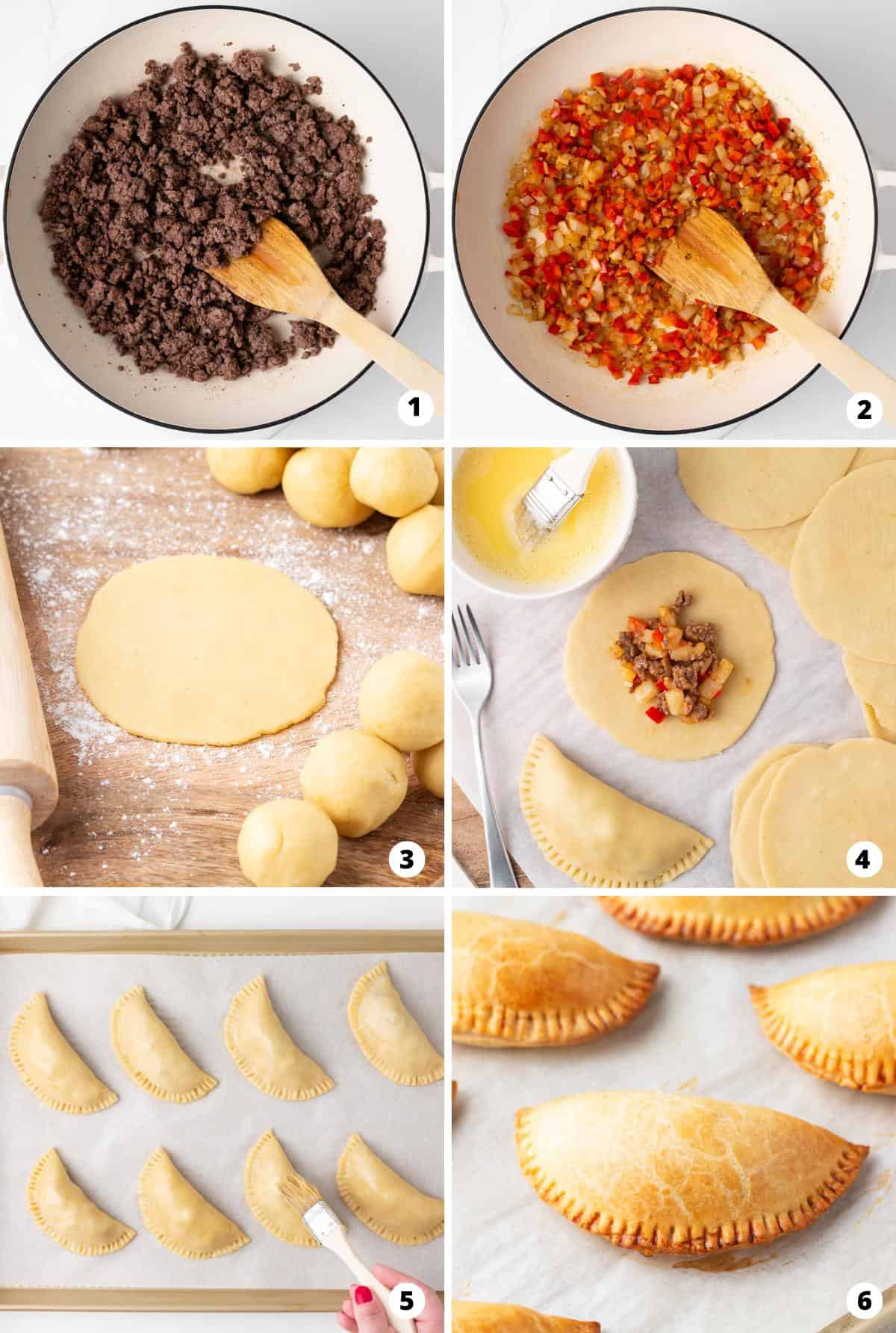 Showing how to make empanadas in a 6 step collage.