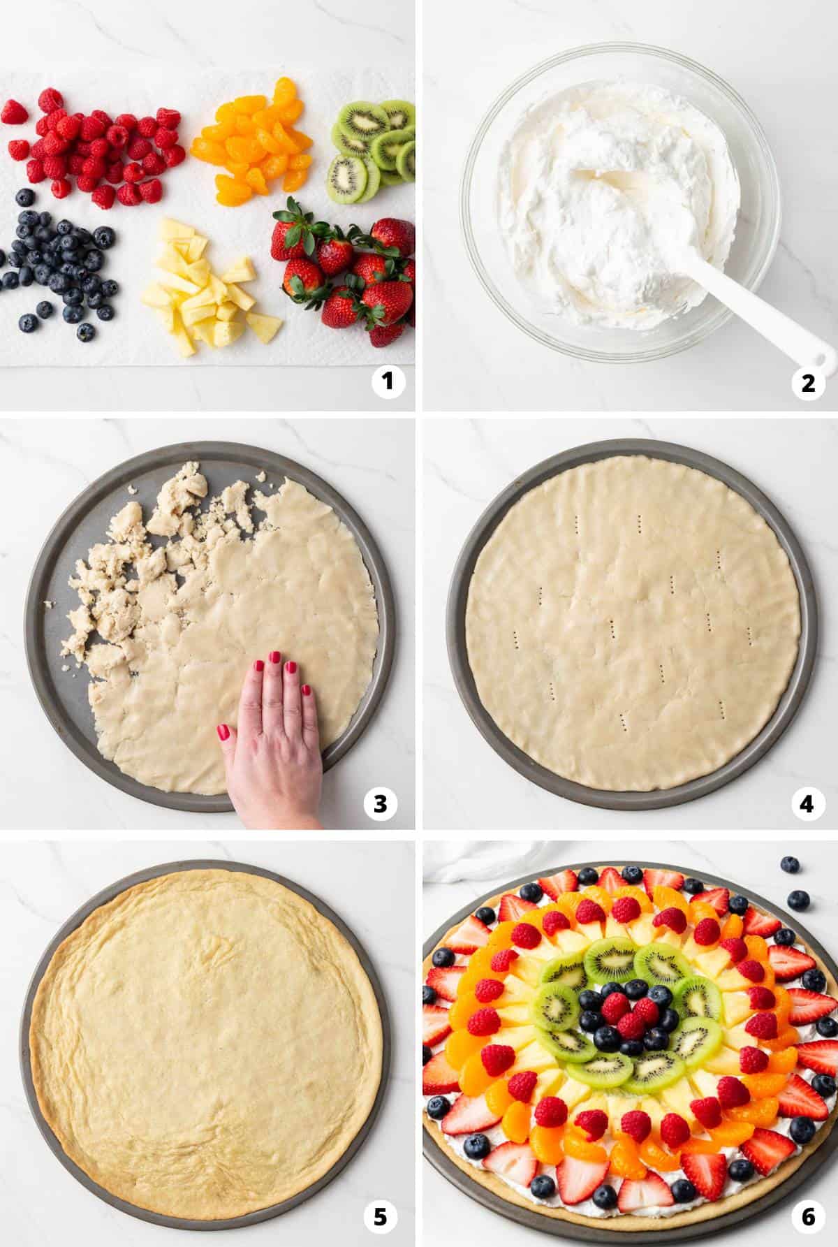 Showing how to make fruit pizza in a 6 step collage.