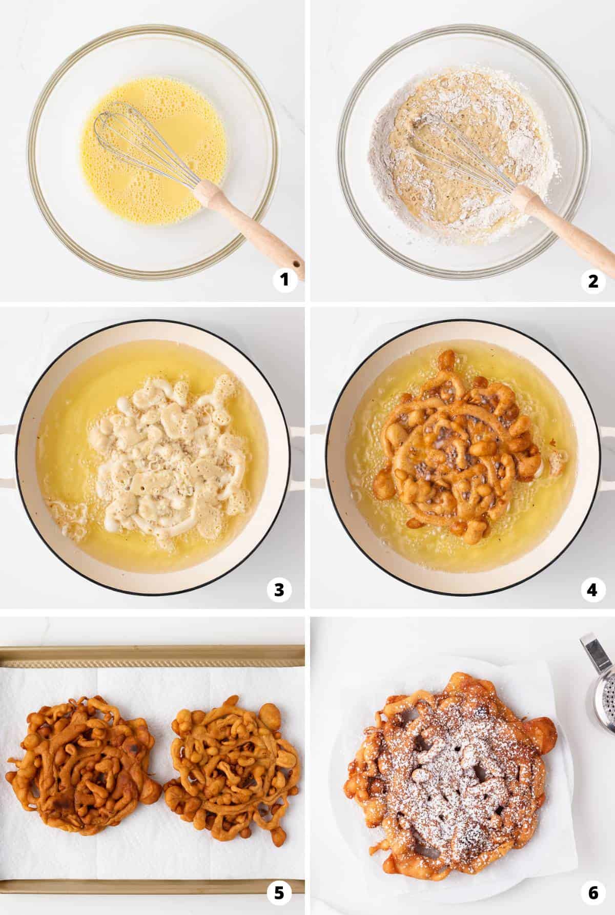 Showing how to make funnel cake in a 6 step collage. 
