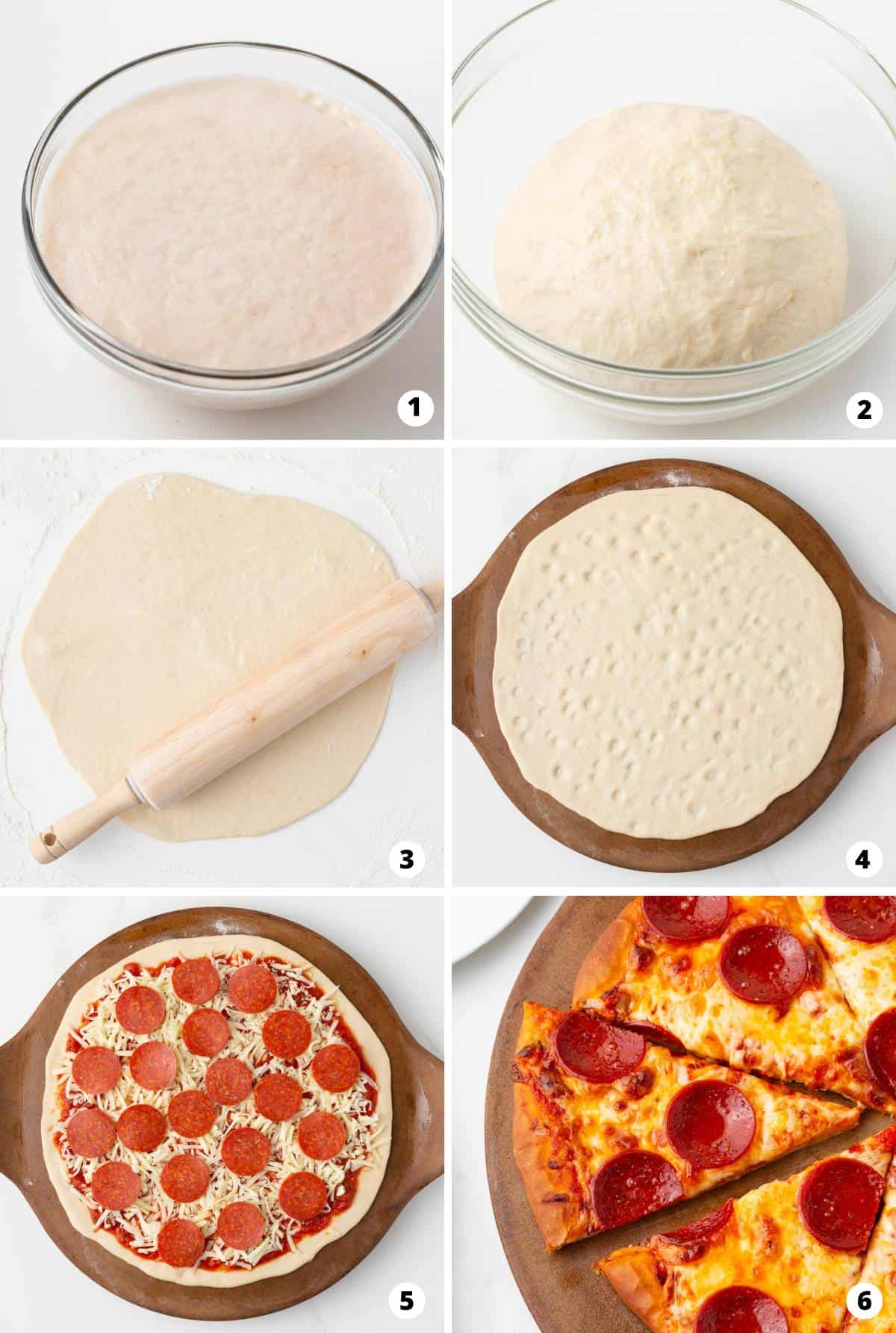 Showing how to make pepperoni pizza in a 6 step collage. 