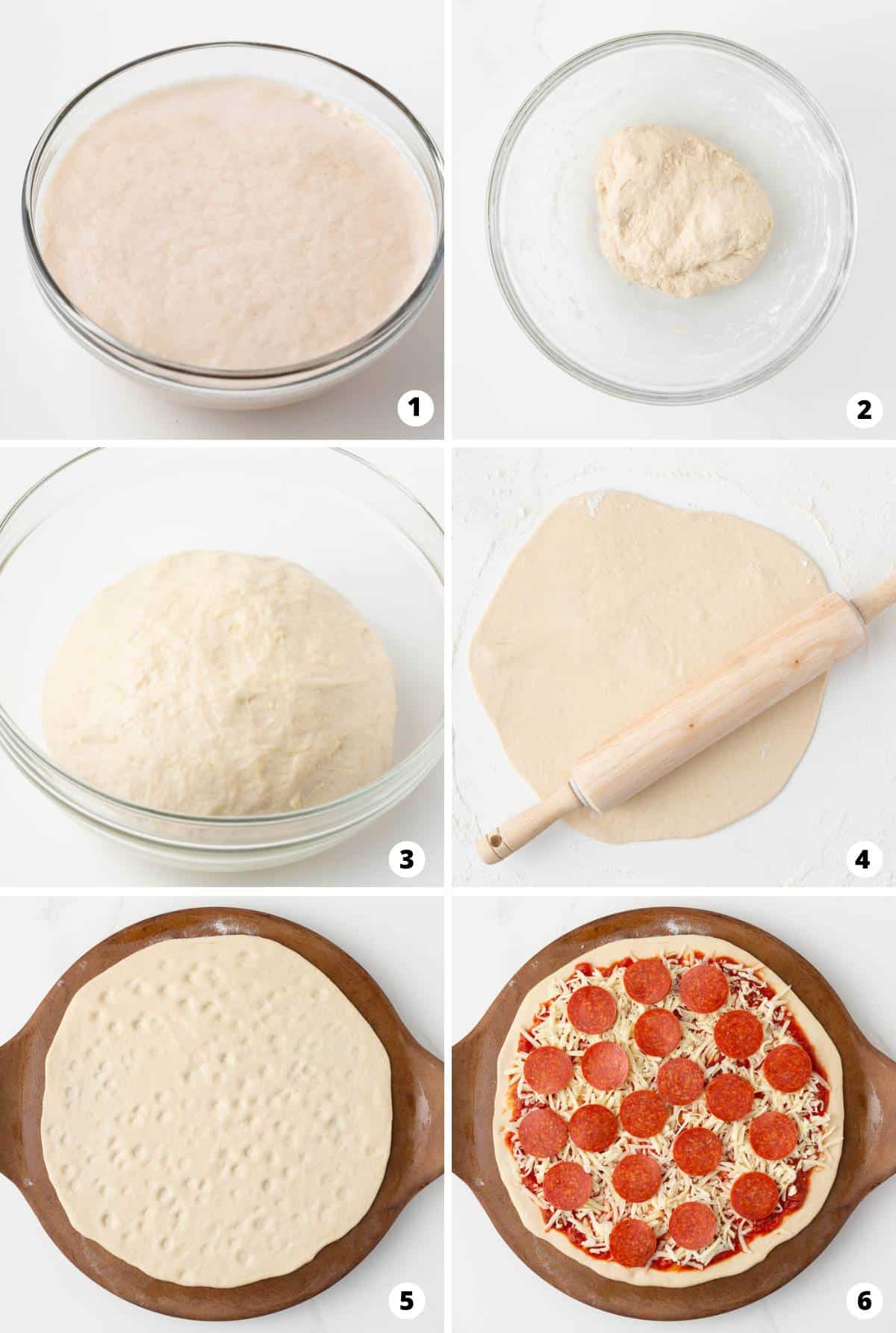 Showing how to make pizza dough in a 6 step collage.