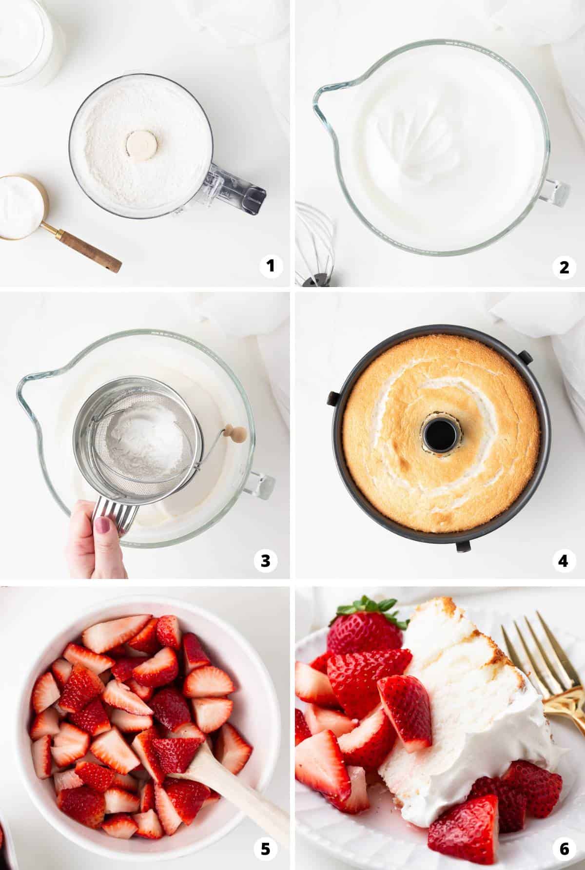 Showing how to make strawberry shortcake in a 6 step collage. 