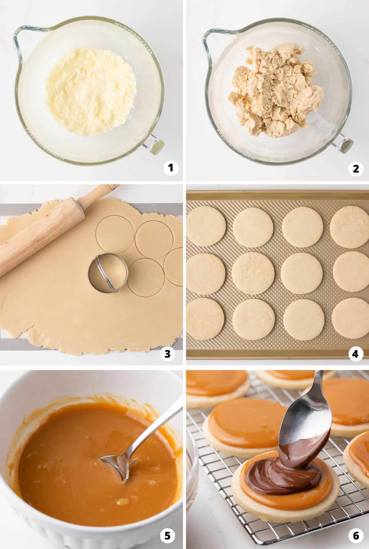 Showing how to make twix cookies in a 6 step collage.