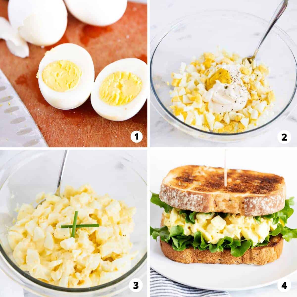 Showing how to make an egg salad sandwich in a 4 step collage. 