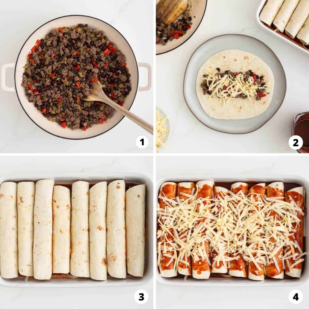 Showing how to make beef enchiladas in a 4 step collage.