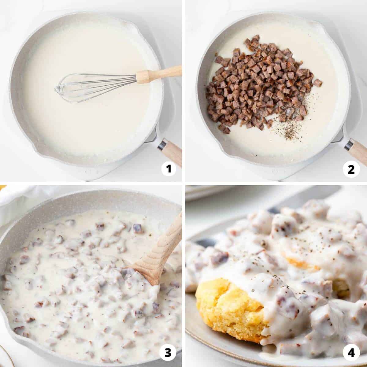 Showing how to make biscuits and gravy.