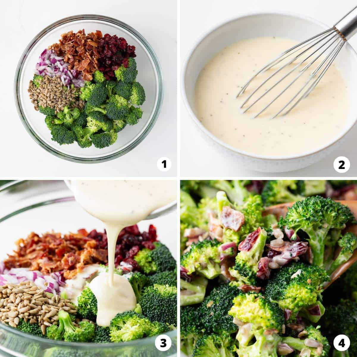 Showing how to make broccoli salad in a 4 step collage.