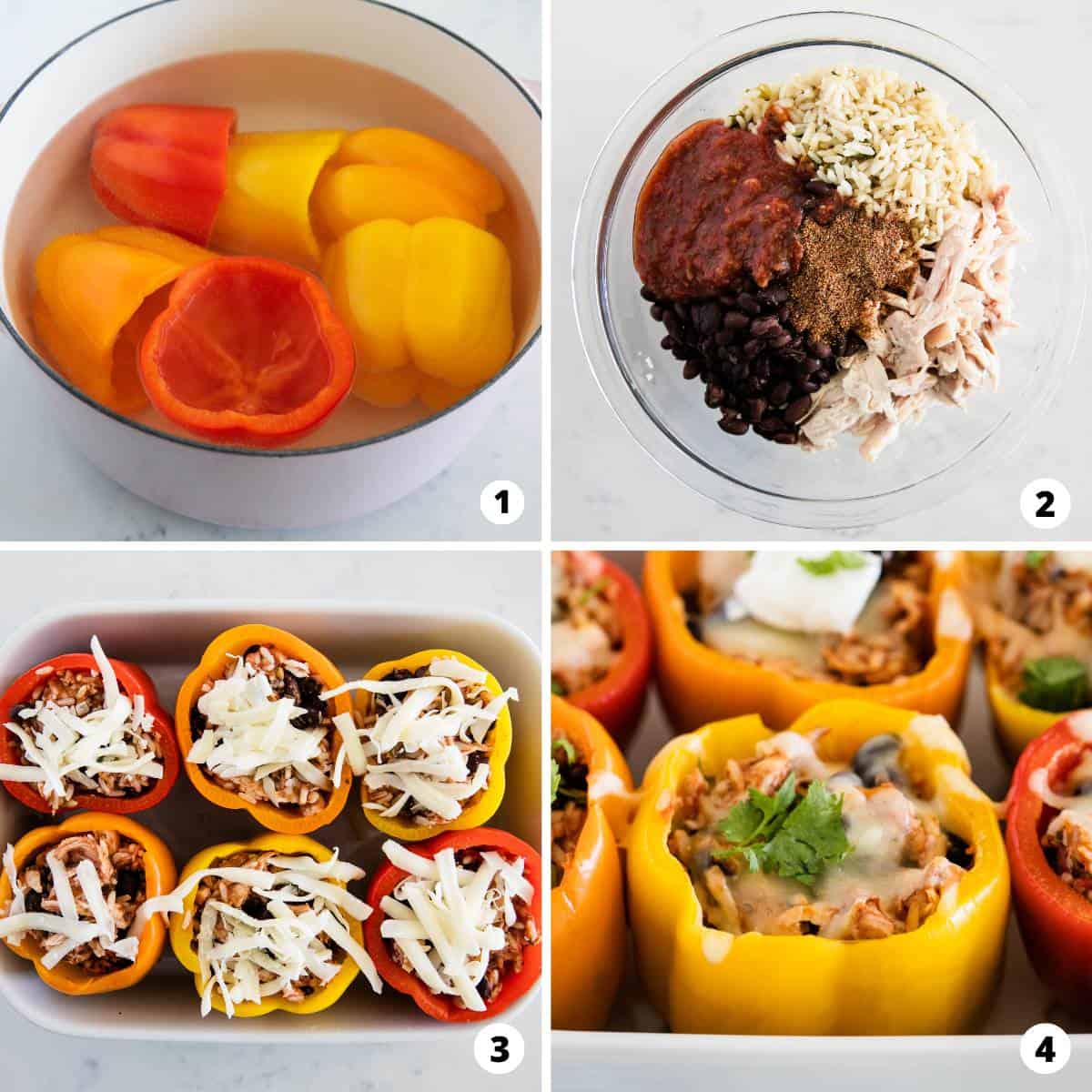The process of making chicken stuffed peppers in a four step photo collage. 