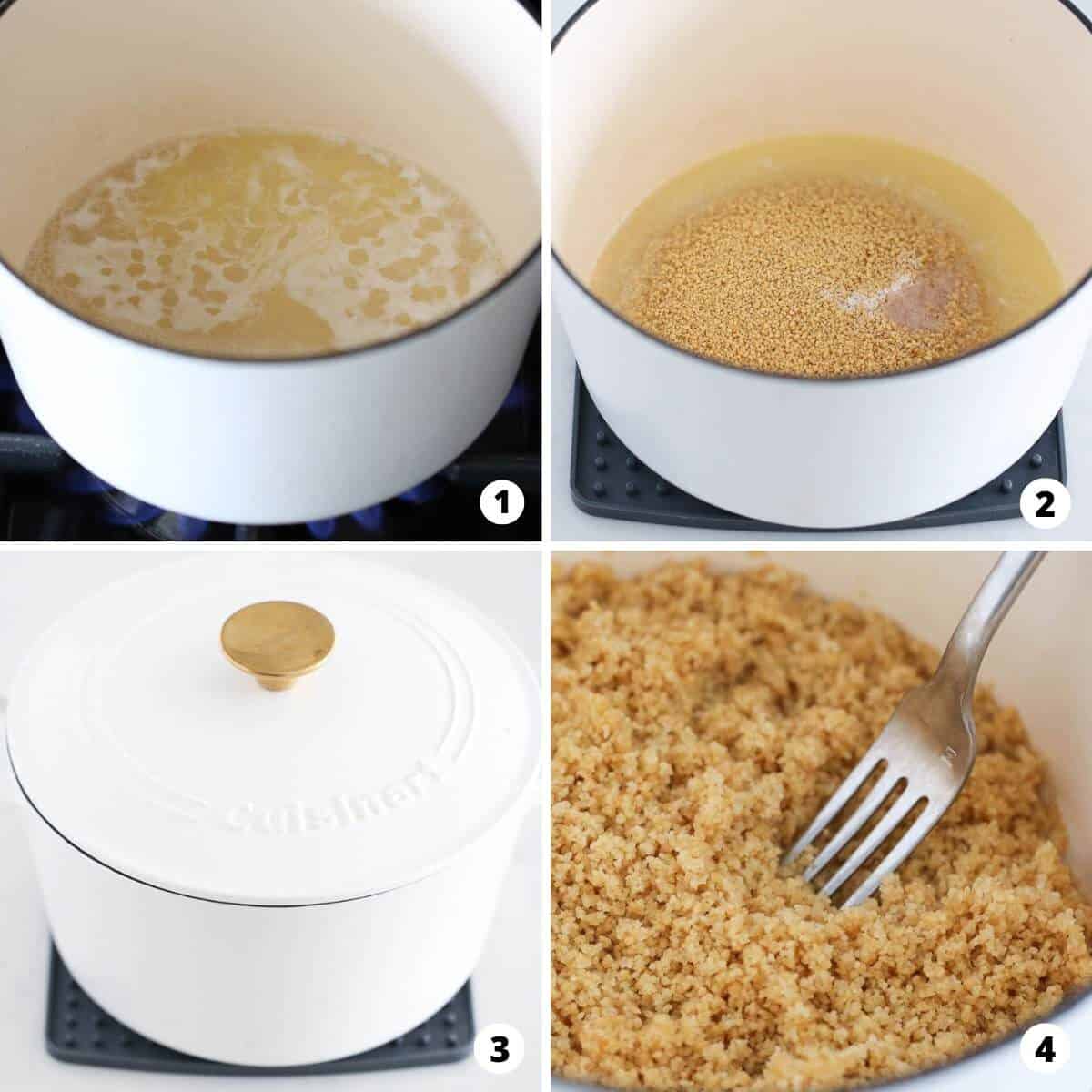 Showing how to make couscous in a 4 step collage.