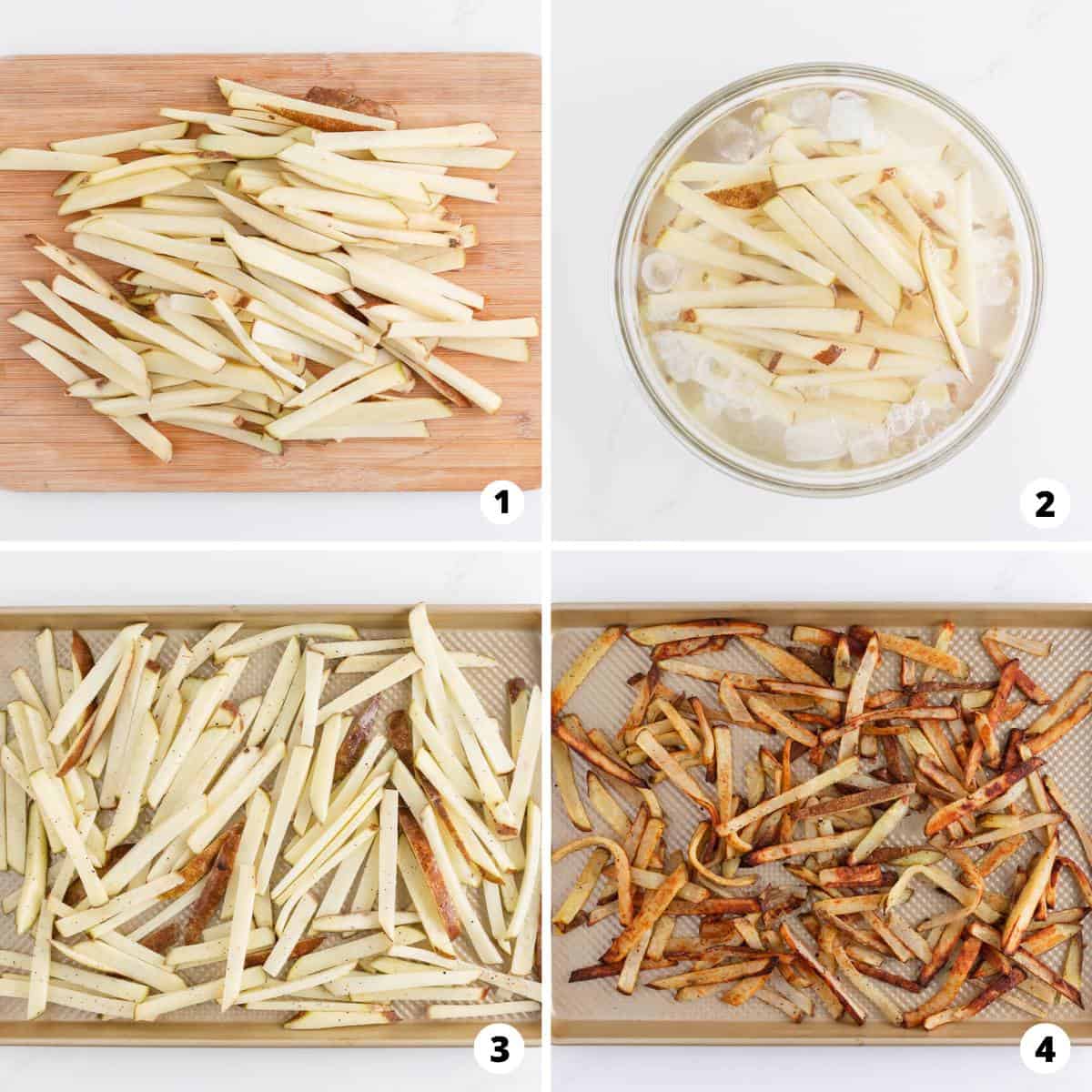 Showing how to make french fries in a 4 step collage.