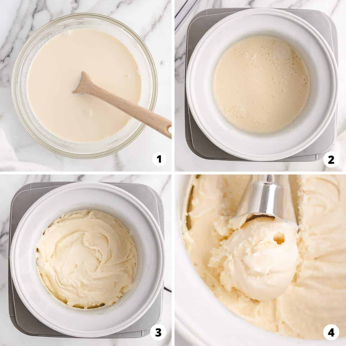 The process of making vanilla ice cream in a four step photo collage. 