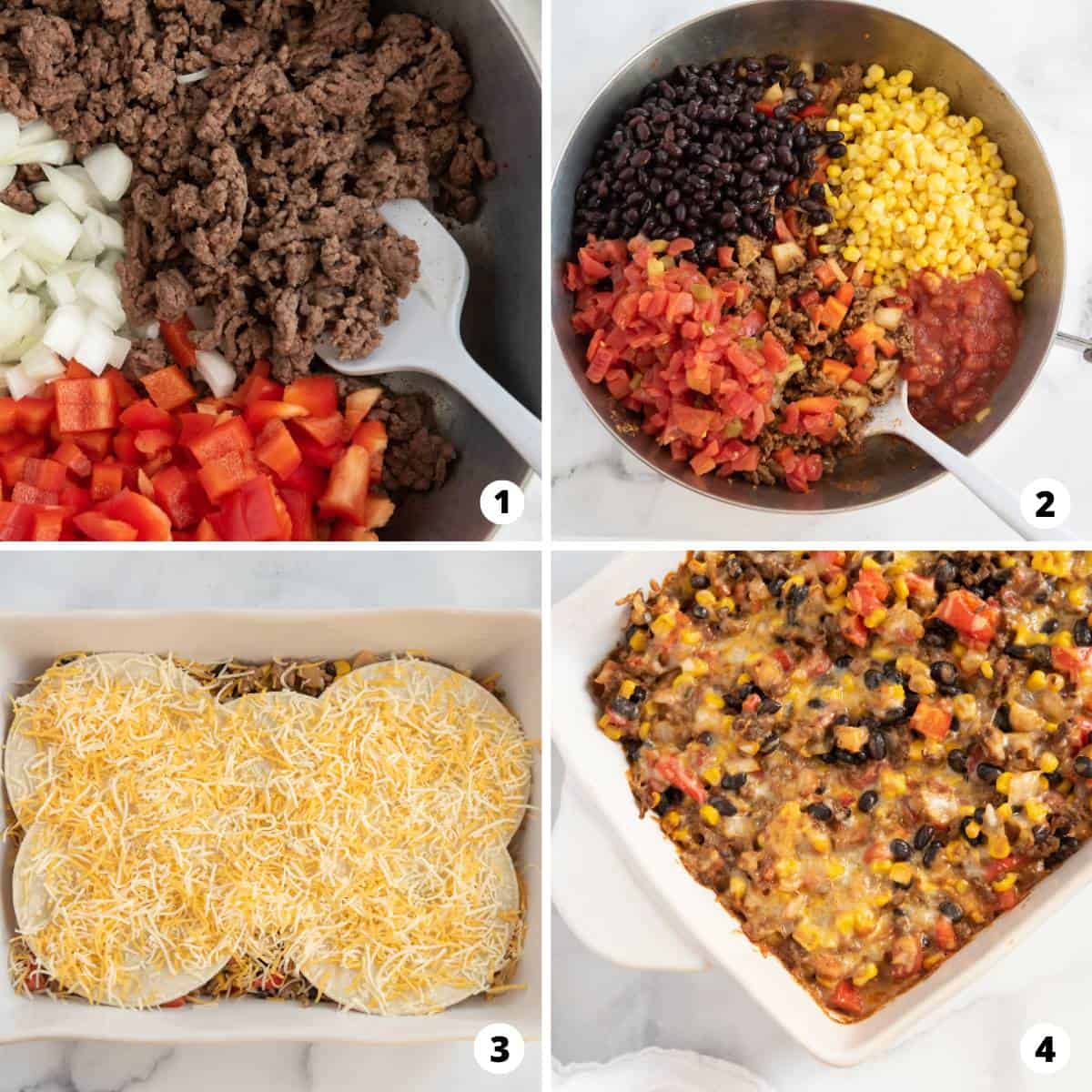 The process of making Mexican lasagna in a four step collage. 