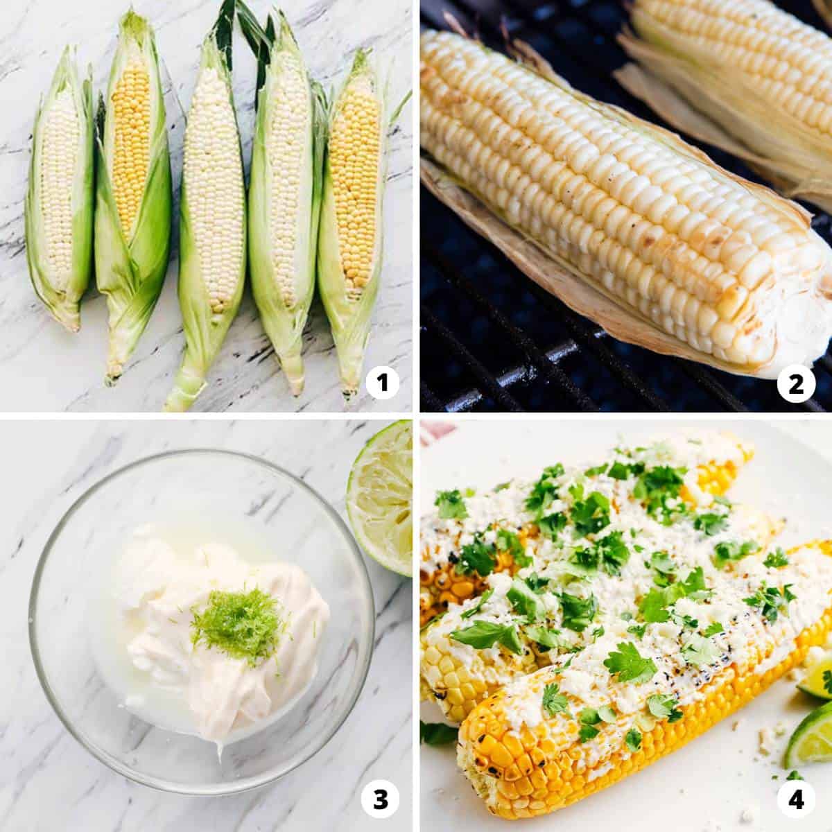 The process of making Mexican street corn in a four step photo collage. 