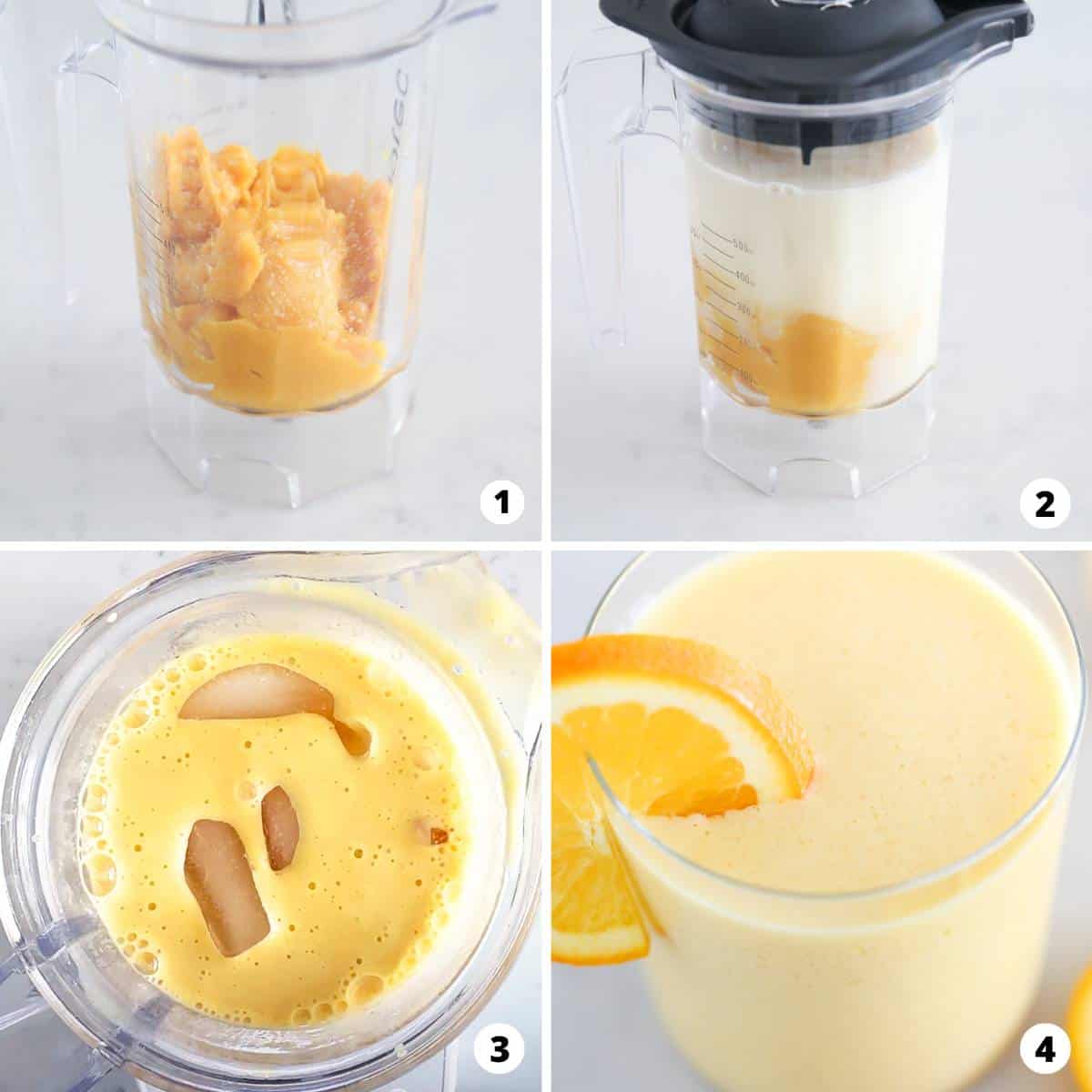 Showing how to make orange julius in a 4 step collage.
