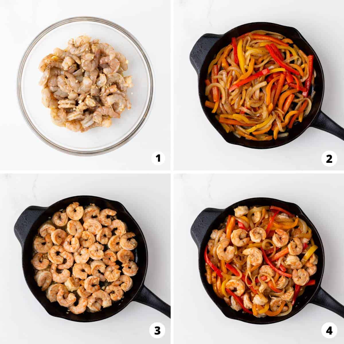 How to make shrimp fajitas being show in a 4 step photo collage. 