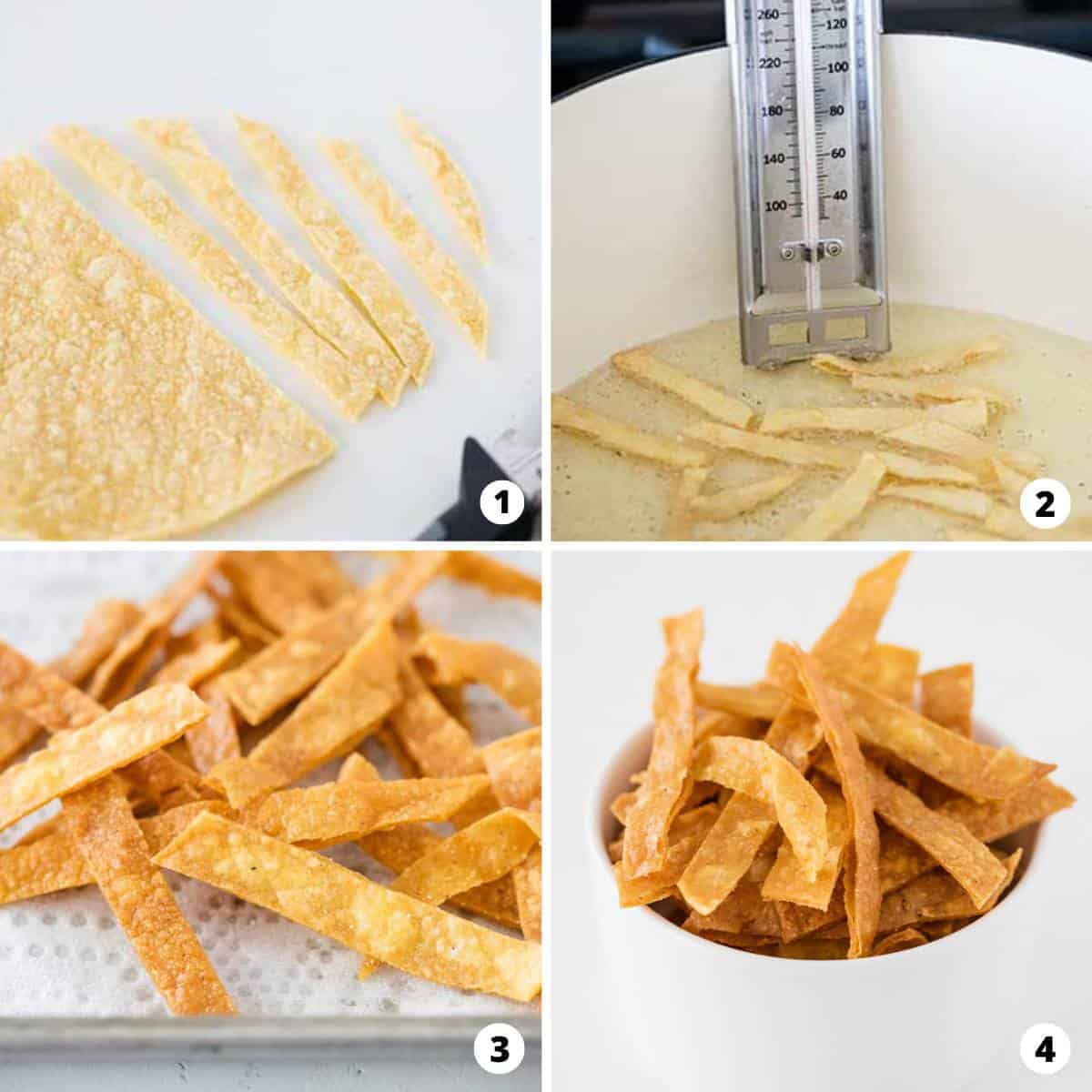 Showing how to make tortilla strips in a 4 step collage. 