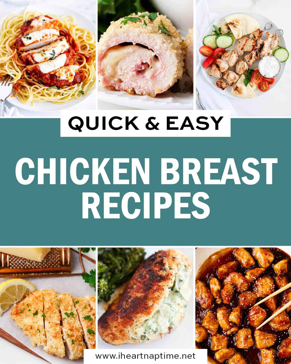A collage of photos with quick and easy chicken breast recipes.