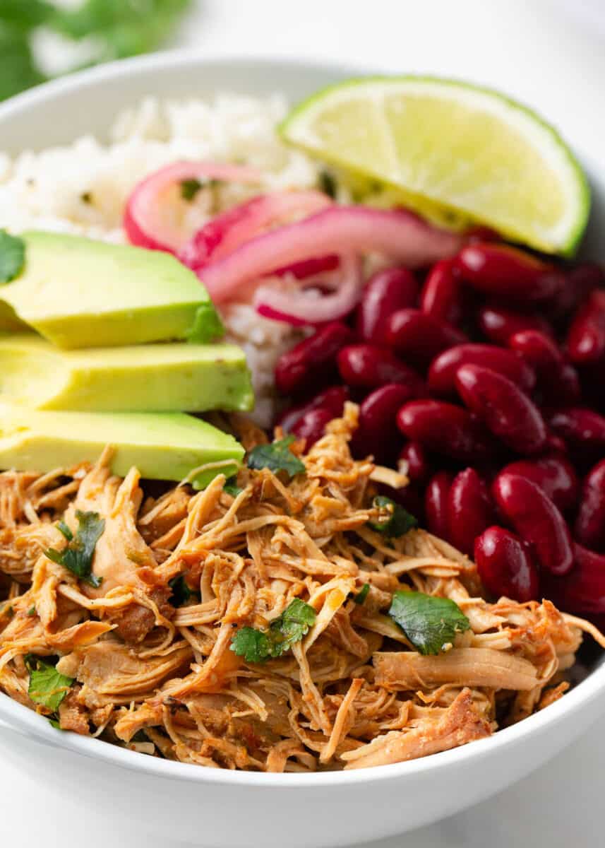 Salsa verde chicken in a bowl.