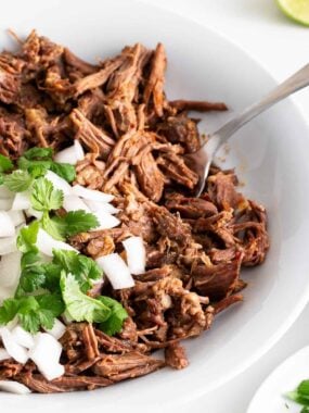 Beef birria in a white bowl.