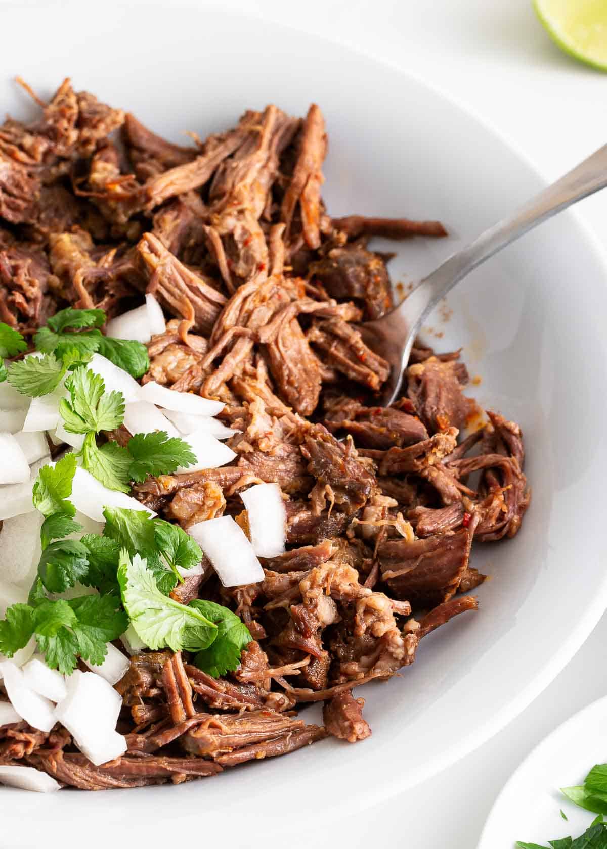 Beef birria in a white bowl.