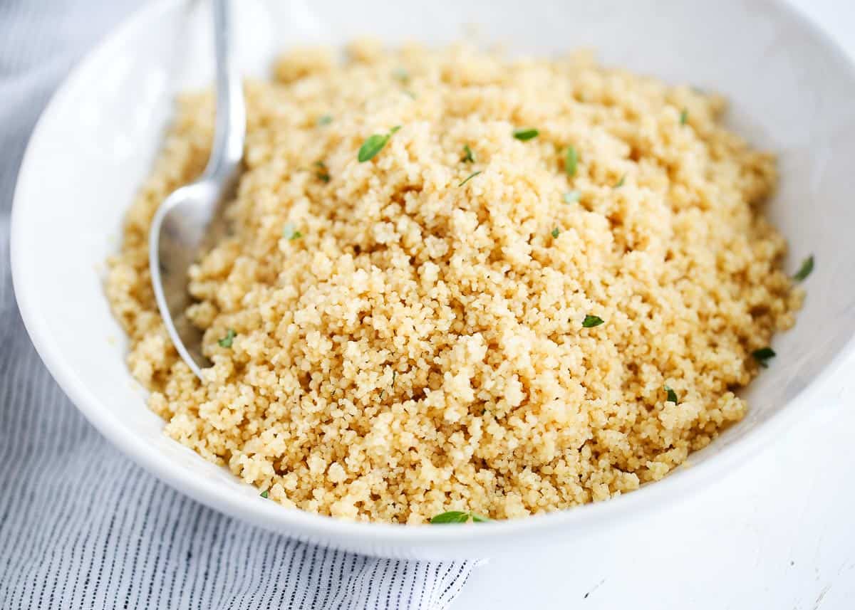 Couscous in a white bowl.
