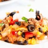Mexican lasagna on a plate.