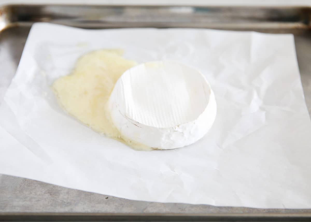 Baked brie on parchment paper. 