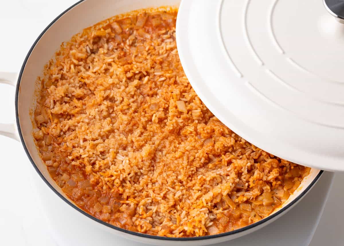 Mexican rice in a skillet.
