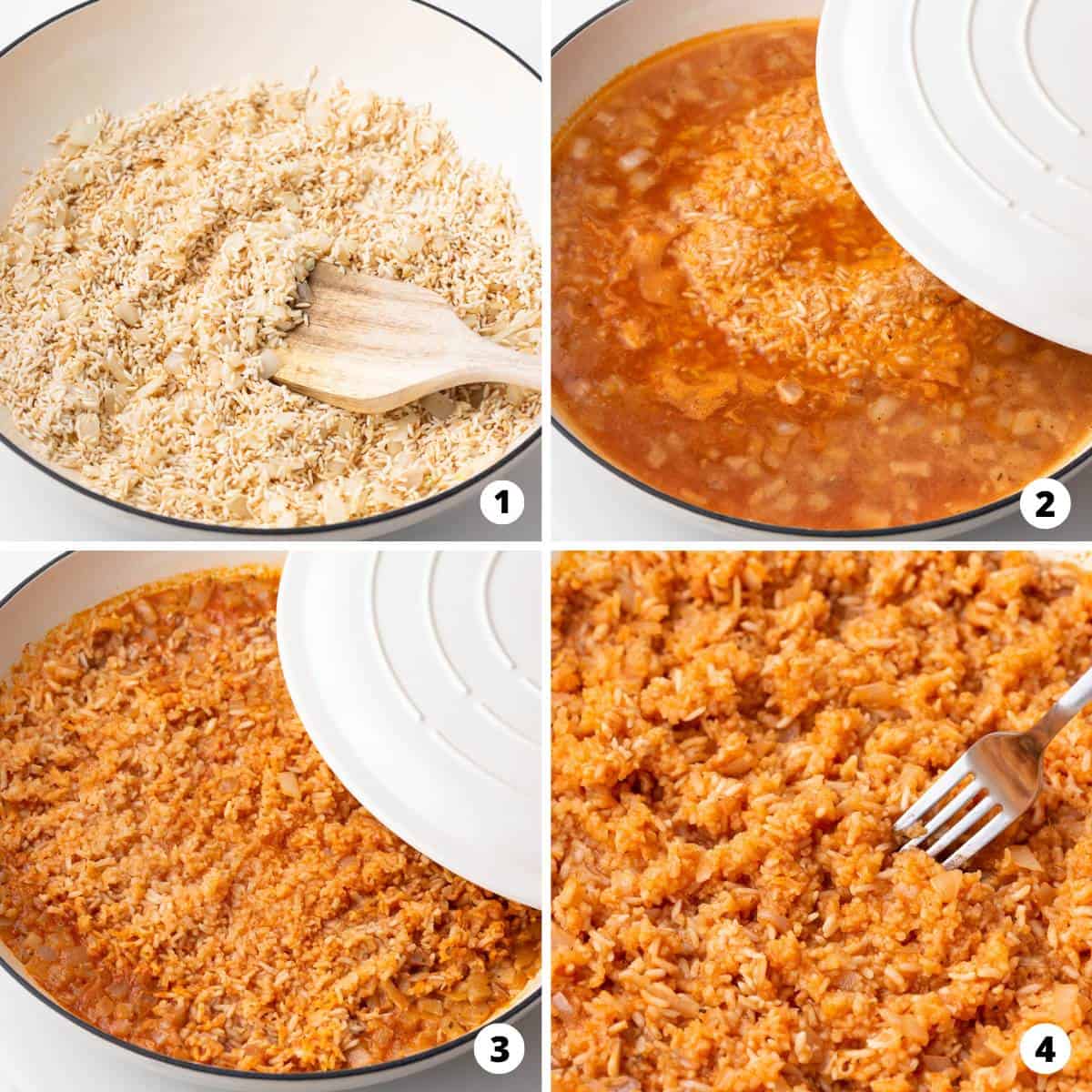 Step by step photos showing how to make mexican rice.