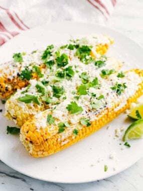 Mexican street corn on a plate.
