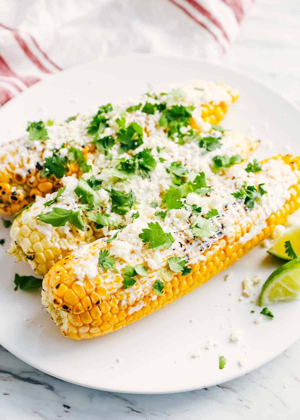 Mexican street corn on a plate garnished with cilantro and cotija cheese. 